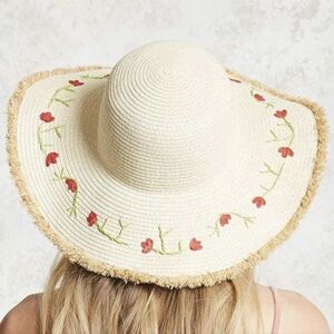 Forever 21 Floral Embroidered Straw Sun Hat